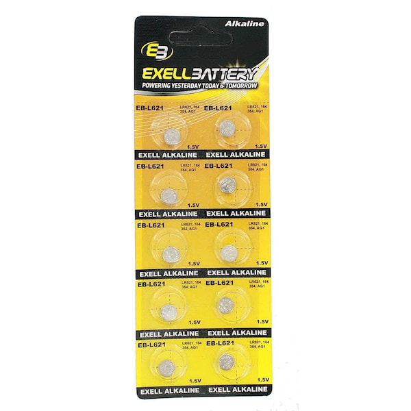 Exell Battery 10pk Exell Alkaline 1.5V Watch Battery Replaces AG1 LR621 364 EB-L621 - main